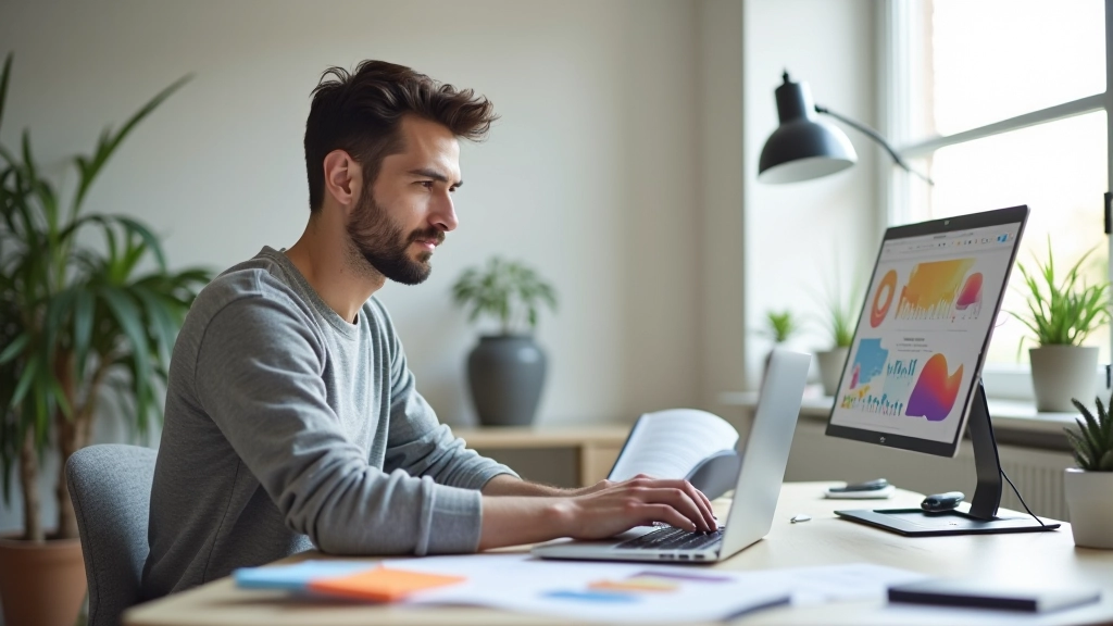 Designer working on laptop with image editing software and color palette, minimalist desk workspace with natural light