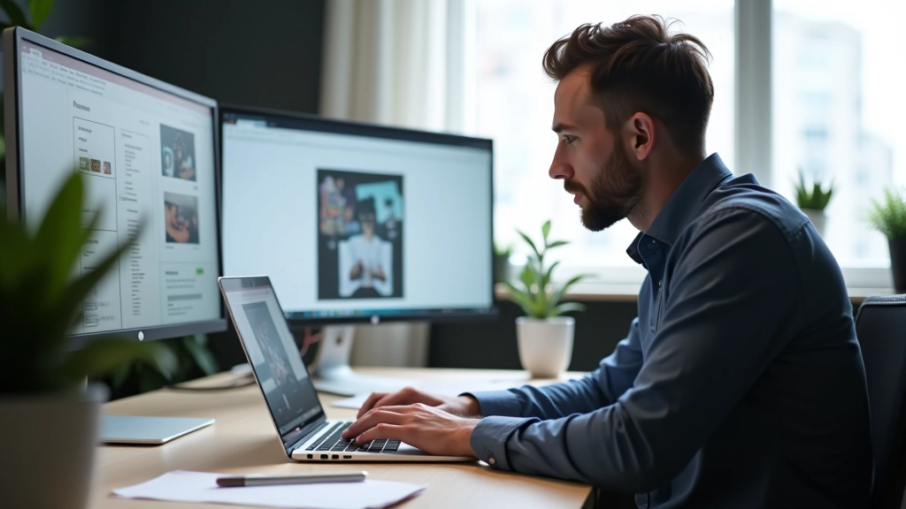 Designer working at desk with laptop showing mobile interface mockup and design tools