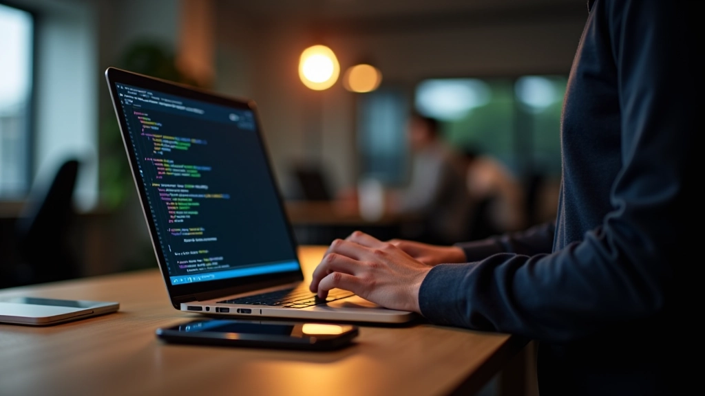 Developer at desk with dual monitors showing code editor and mobile device preview side by side for responsive testing