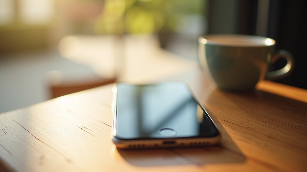 Smartphone held in hand on wooden table showing clean mobile interface with readable text and accessible buttons