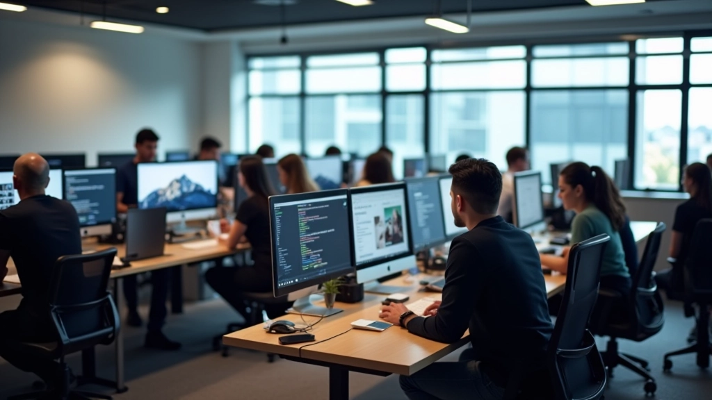 Modern web design academy workspace with developers collaborating on responsive design projects