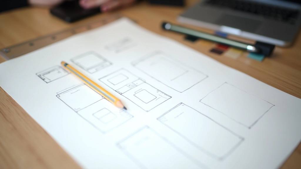 Sketched wireframes and design mockups on paper showing mobile-first responsive layouts